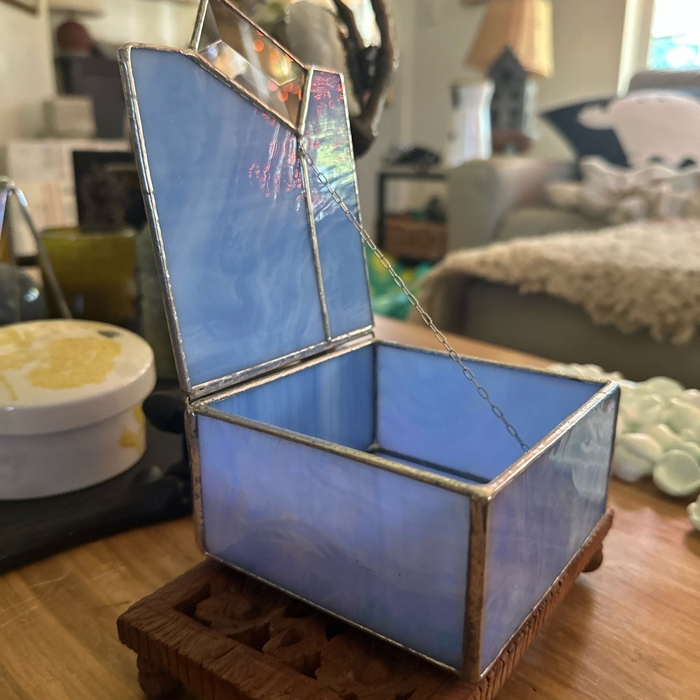 Handmade stained glass Iridescent Glass blue purple Trinket Box mirror accent - Picture 5 of 7